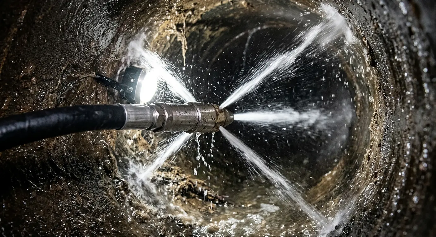 High-pressure hydro jetting nozzle cleaning sewer pipe for Trenchless Sewer Repair in Moorestown