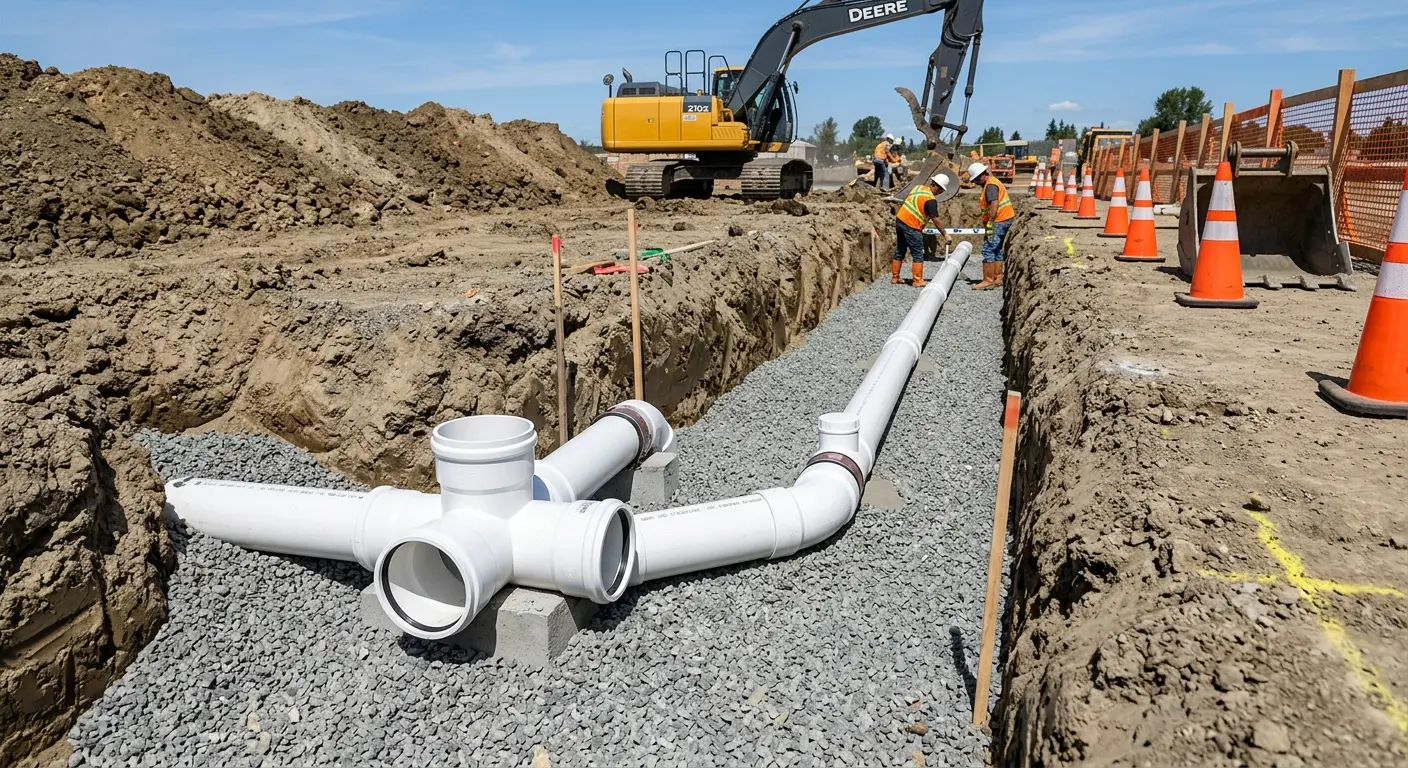 New PVC sewer pipe installation in open trench for Sewer Backup in Moorestown
