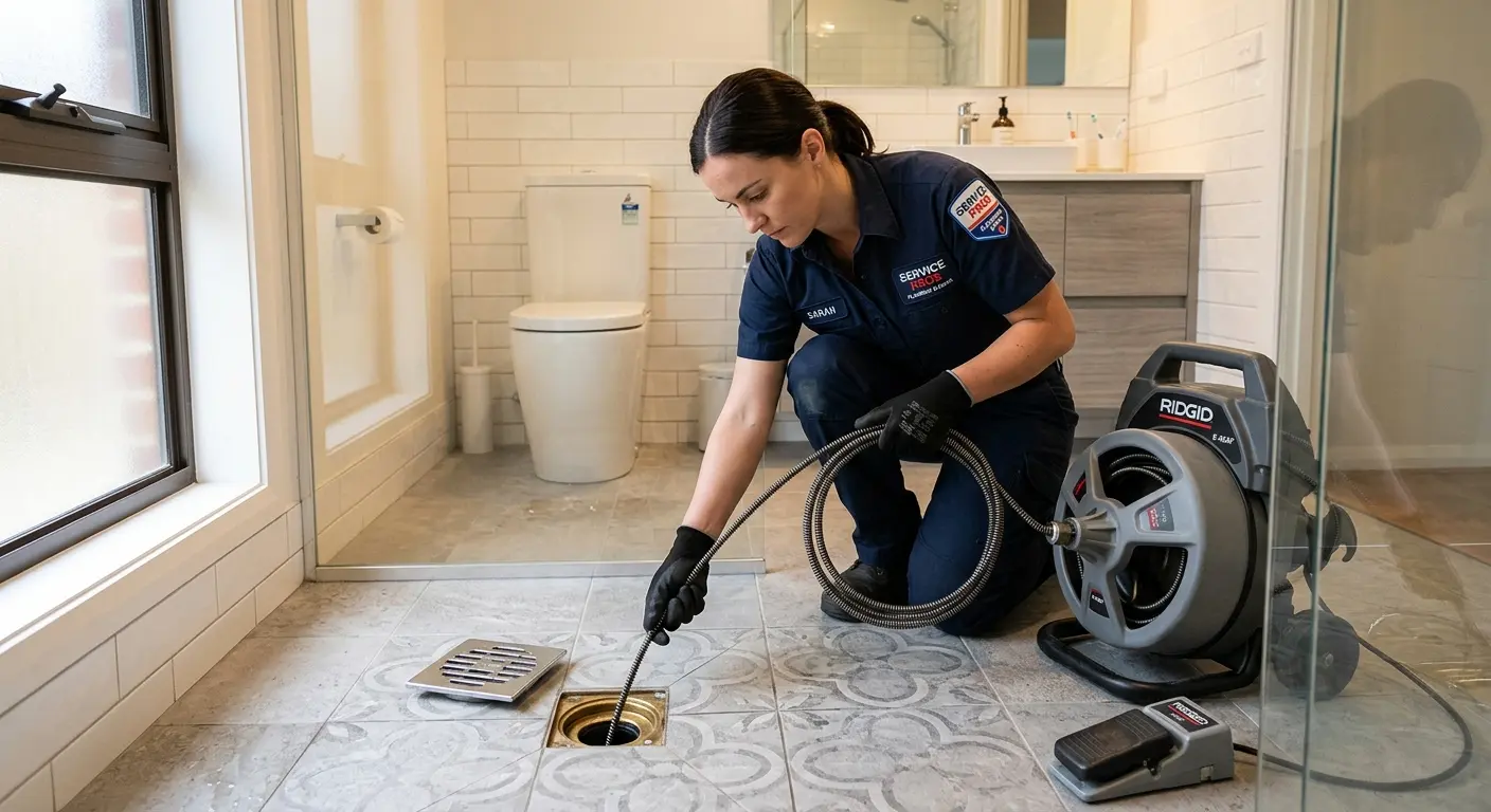 Technician clearing a bathroom floor drain for Sewer Line Replacement in Moorestown